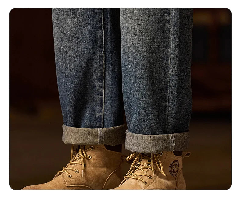 Men’s Relaxed Fit Elastic Waist Jeans – Blue Denim Pants with Zipper & Button