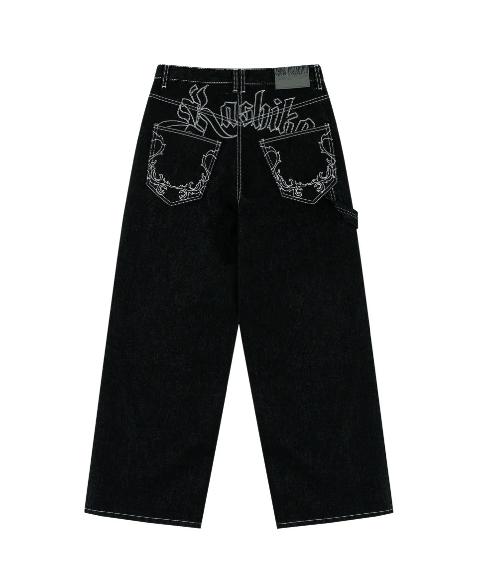 90s Retro Embroidered Street Jeans – Y2K Loose Straight Hip Hop Pants for Men & Women