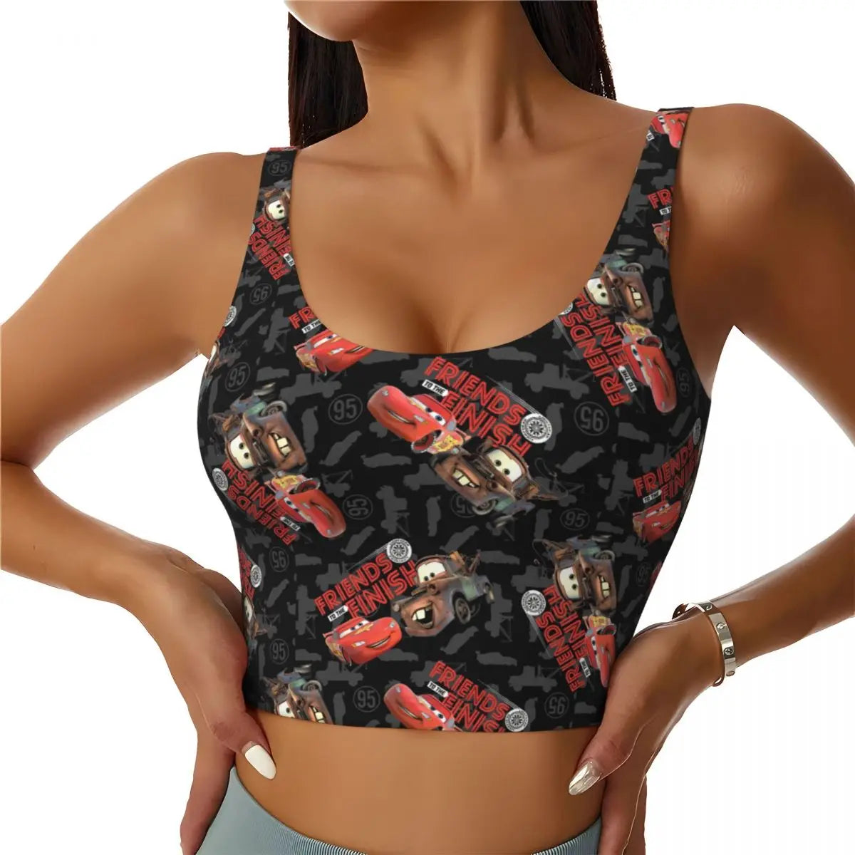 Lightning Mcqueen And Sally Car Workout Tank Tops For Woman Padded Medium Support Fitness Sports Bra Tight Fit