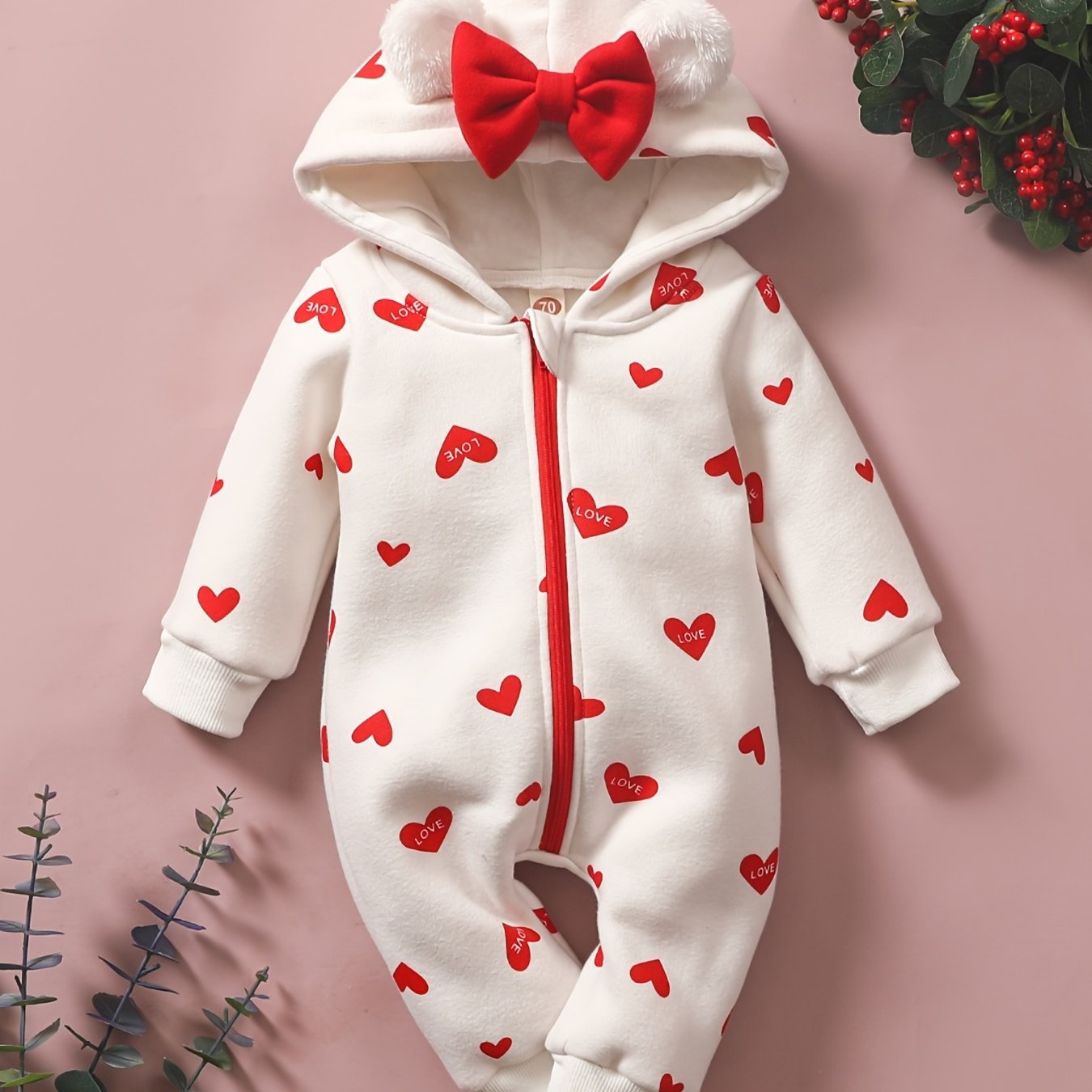 Baby Girl Heart Print Zip-Up Jumpsuit with Hood – Valentine Outfit
