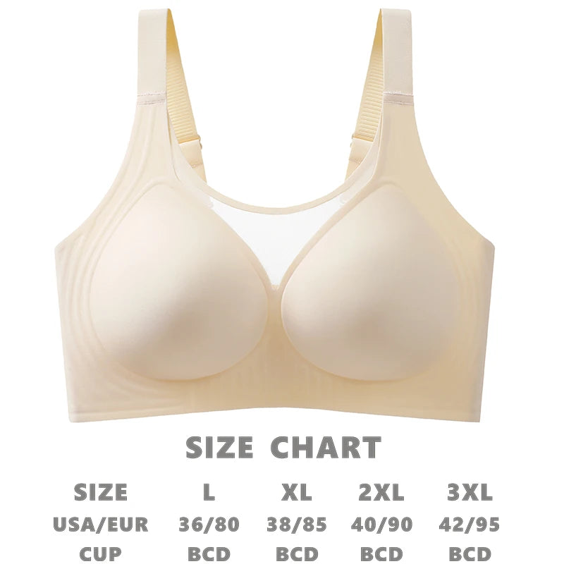 Plus Size Jelly Gum Full Cover Semi Fixed Large Cup Lace Underwear Anti Glare Mesh Woman Bra Comfortable  Gathering