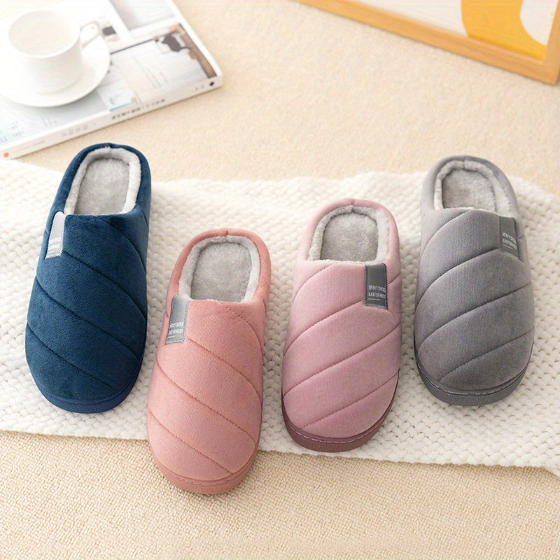 Unisex Casual Striped Plush Slippers – Comfy Non-Slip Home Footwear for Fall to Winter