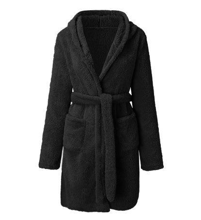 Solid Color Pockets Hooded Teddy Coat, Casual Long Sleeve Faux Fur Belted Outwear, Women's Clothing