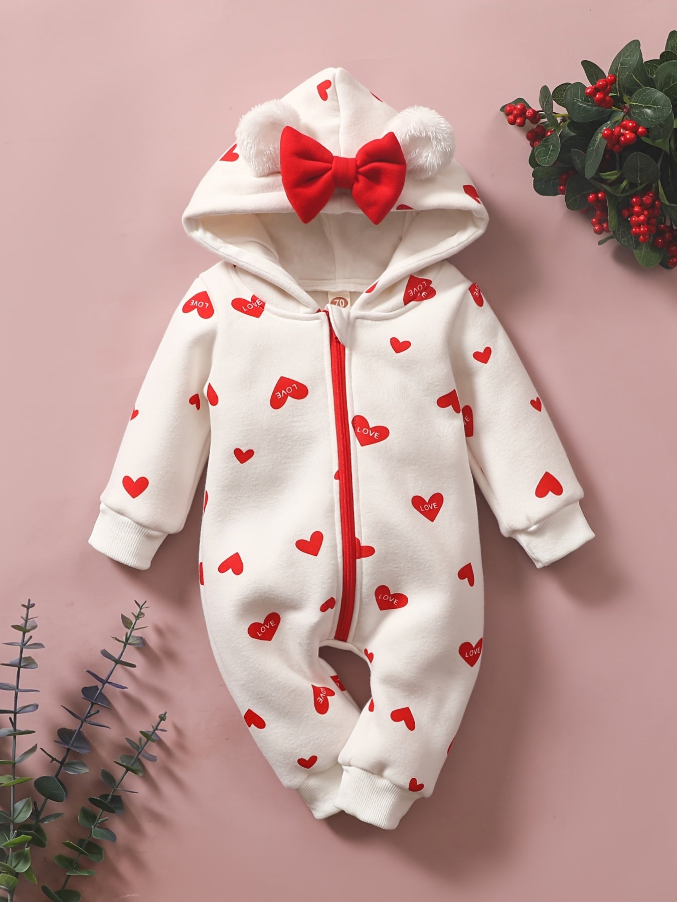 Baby Girl Heart Print Zip-Up Jumpsuit with Hood – Valentine Outfit