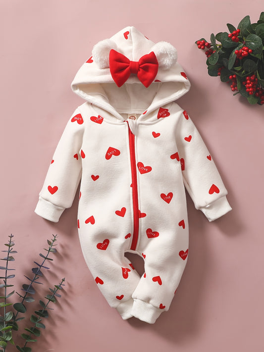 Baby Girl Heart Print Zip-Up Jumpsuit with Hood – Valentine Outfit
