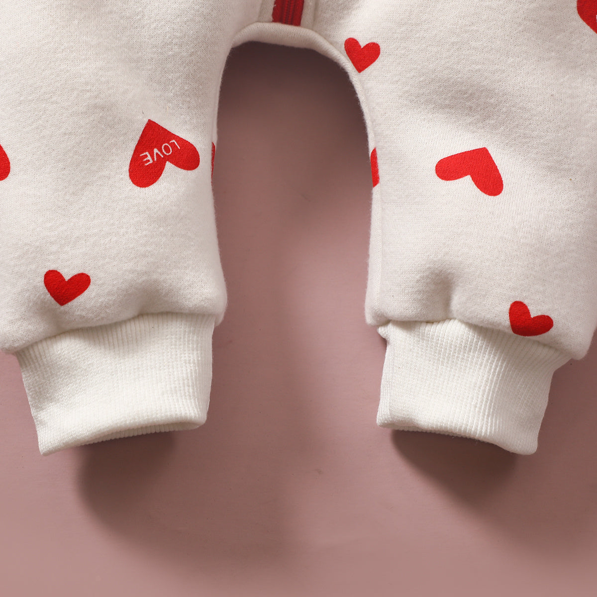 Baby Girl Heart Print Zip-Up Jumpsuit with Hood – Valentine Outfit