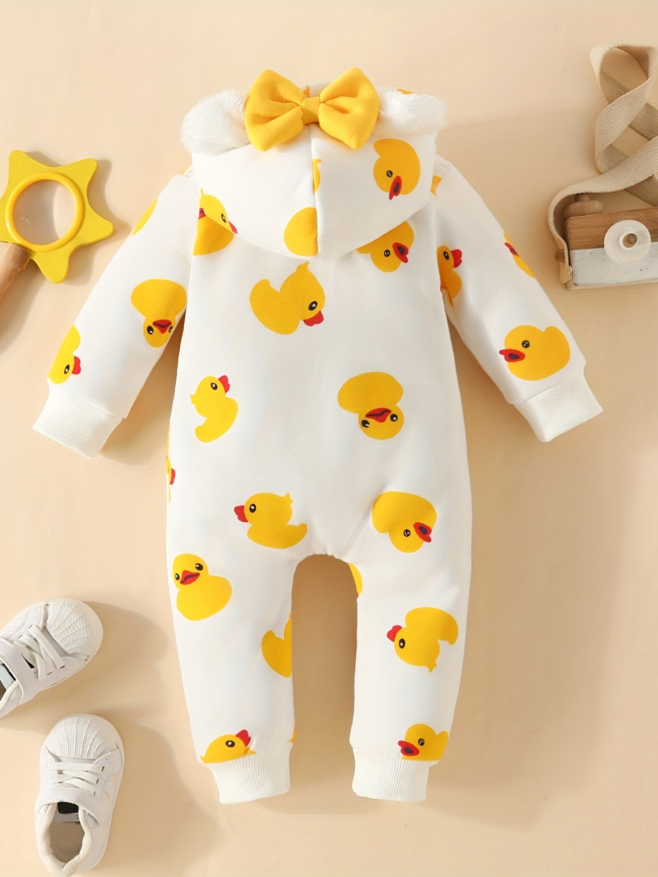 Baby Girl Heart Print Zip-Up Jumpsuit with Hood – Valentine Outfit