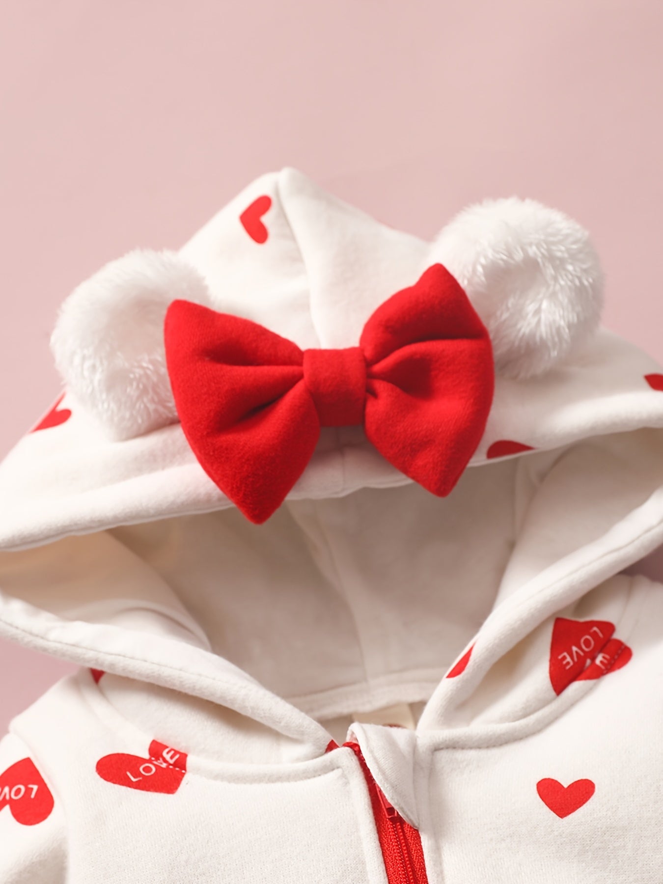 Baby Girl Heart Print Zip-Up Jumpsuit with Hood – Valentine Outfit