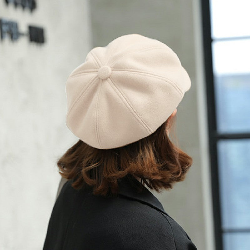 Ladies Winter Classic Beret Newsboy Style Solid Color Adjustable Cap for Women and Girls - Beige