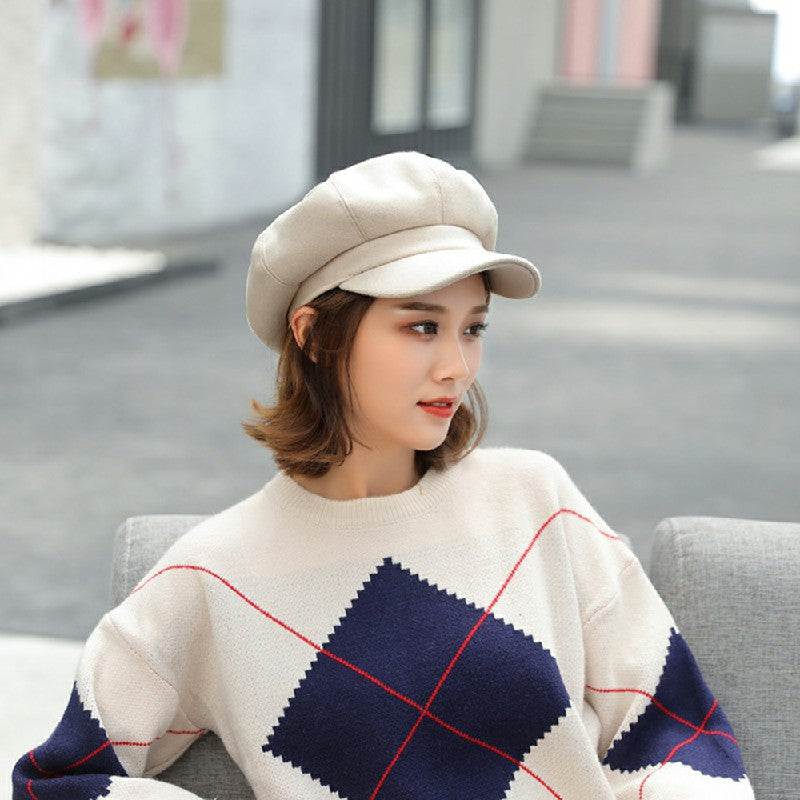 Ladies Winter Classic Beret Newsboy Style Solid Color Adjustable Cap for Women and Girls - Beige