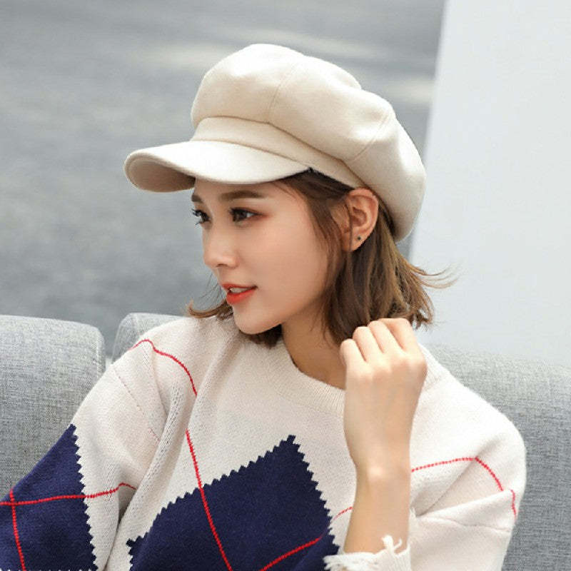 Ladies Winter Classic Beret Newsboy Style Solid Color Adjustable Cap for Women and Girls - Beige