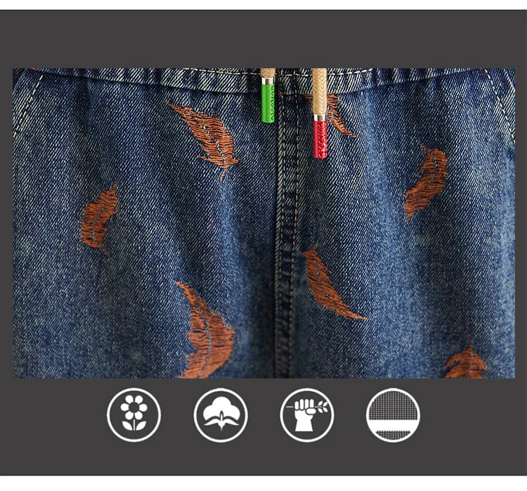 Women’s Feather Embroidered Loose Jeans – Spring Lightweight Denim Pants with Drawstring & Elastic Waist