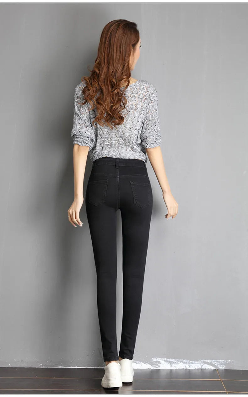 Women’s High-Stretch Skinny Jeans – Mom Fit Washed Denim Pants in Blue/Gray/Black