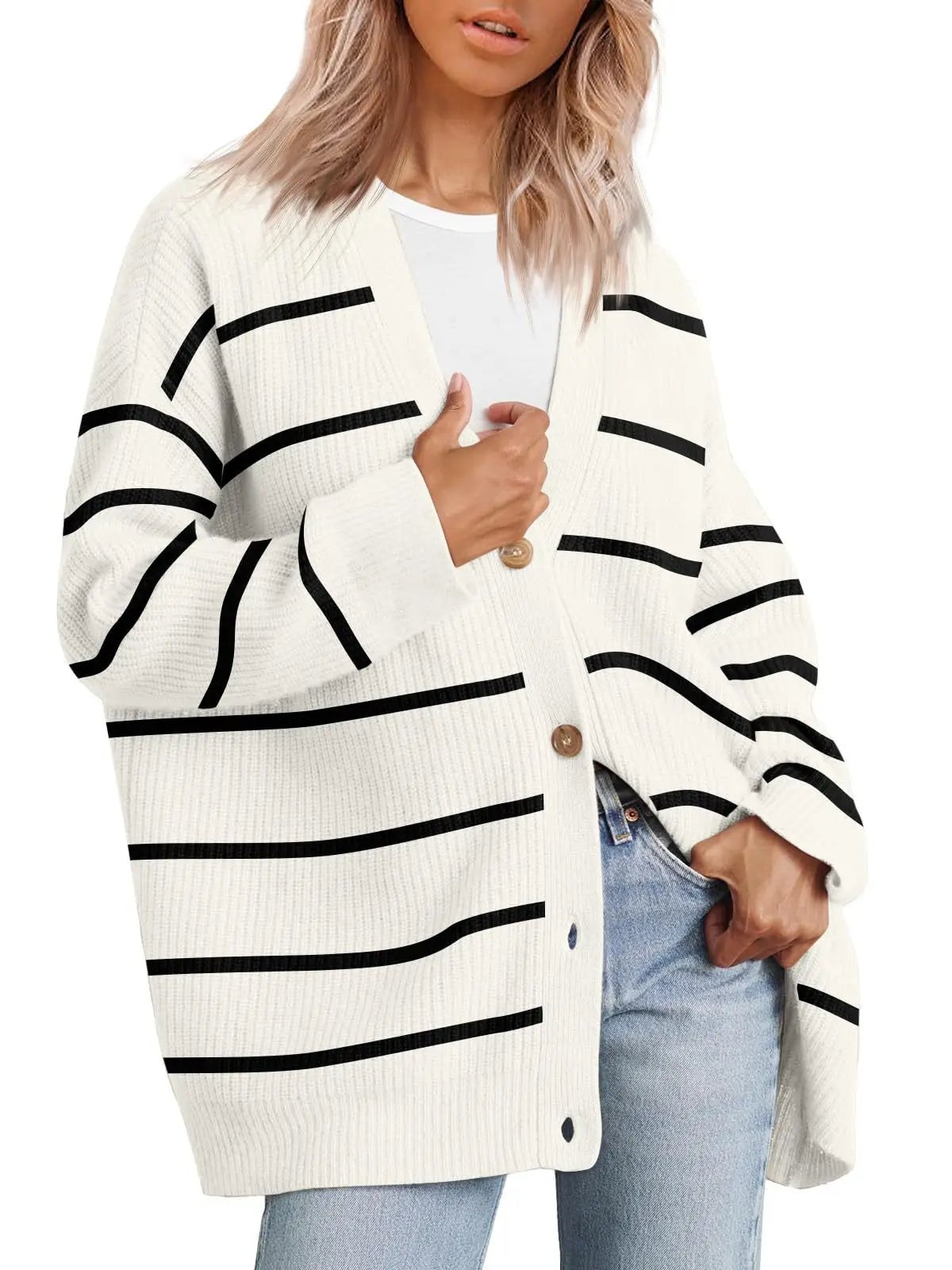 Women's Oversized V-Neck Knit Cardigan – Lightweight Button Front Fall Sweater