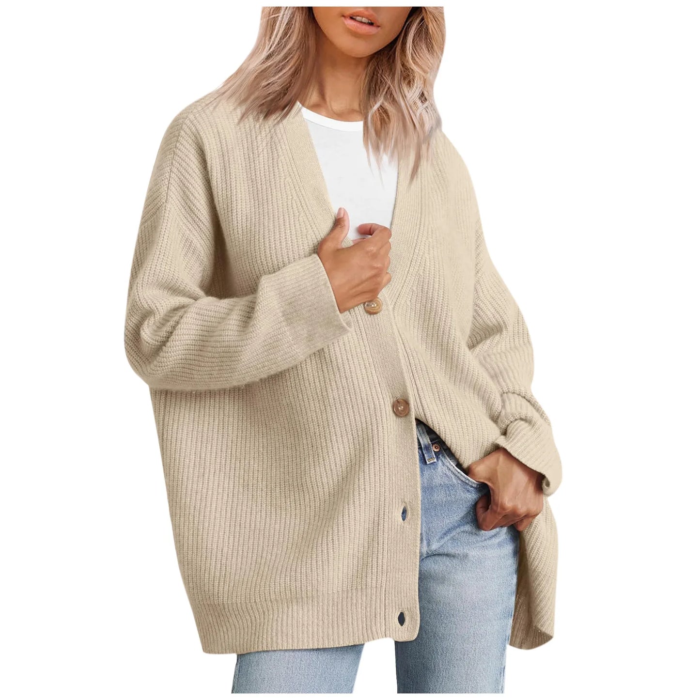 Women's Oversized V-Neck Knit Cardigan – Lightweight Button Front Fall Sweater