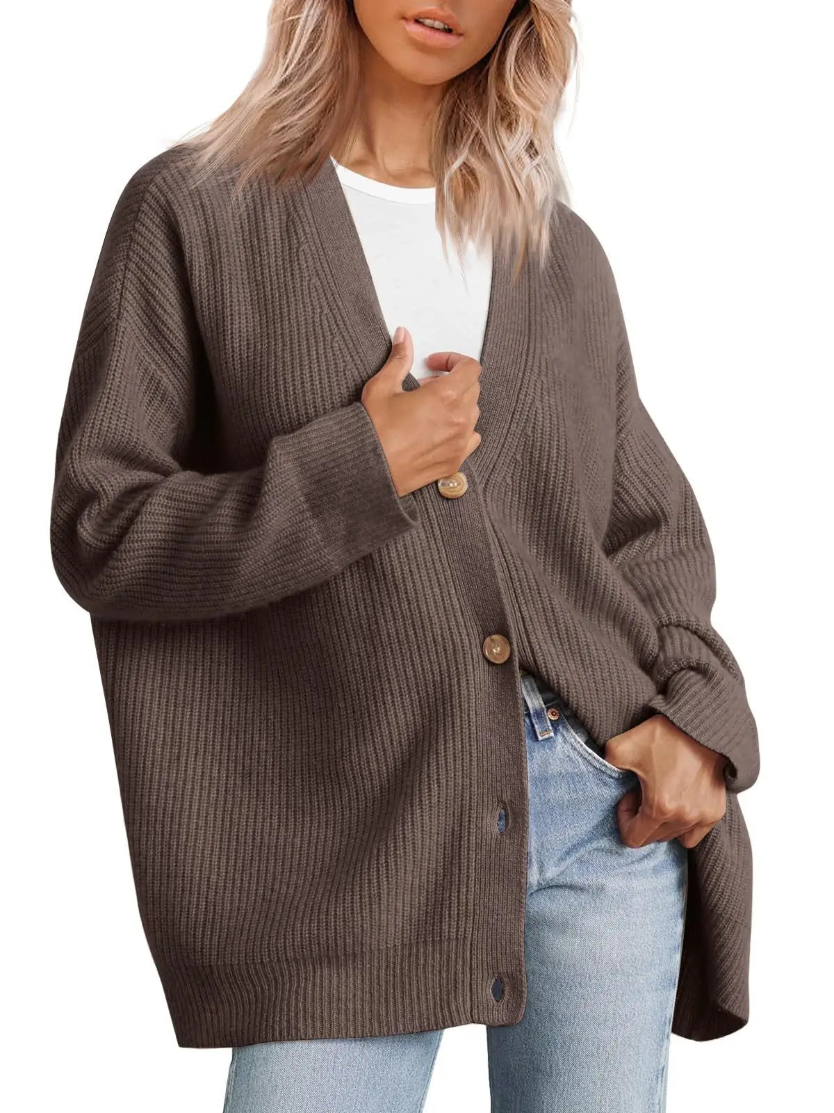 Women's Oversized V-Neck Knit Cardigan – Lightweight Button Front Fall Sweater