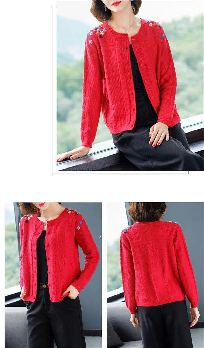 Women's Embroidered Knit Cardigan – Short Loose Spring & Autumn Sweater Jacket