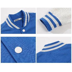 Collage of a blue jacket with white accents on a white background