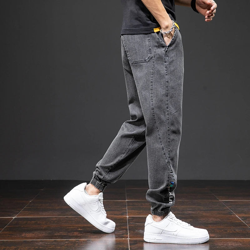 Men’s Cargo Jeans – Baggy Streetwear Denim Jogger Pants (Black/Blue, Plus Size)