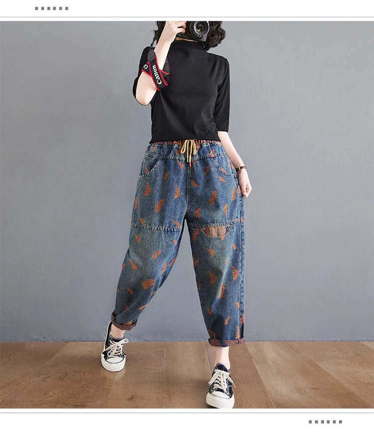 Women’s Feather Embroidered Loose Jeans – Spring Lightweight Denim Pants with Drawstring & Elastic Waist