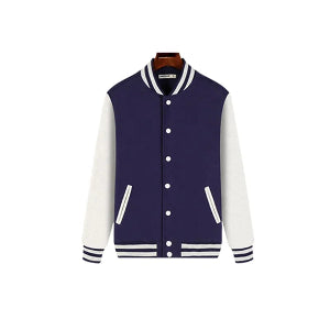 Navy and white varsity jacket on a white background