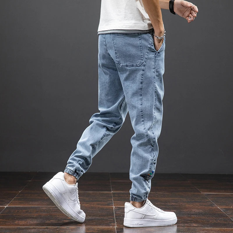 Men’s Cargo Jeans – Baggy Streetwear Denim Jogger Pants (Black/Blue, Plus Size)