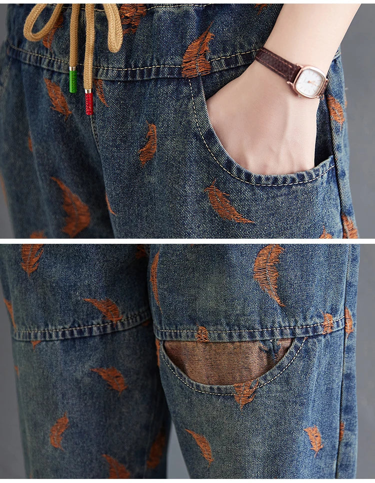 Women’s Feather Embroidered Loose Jeans – Spring Lightweight Denim Pants with Drawstring & Elastic Waist