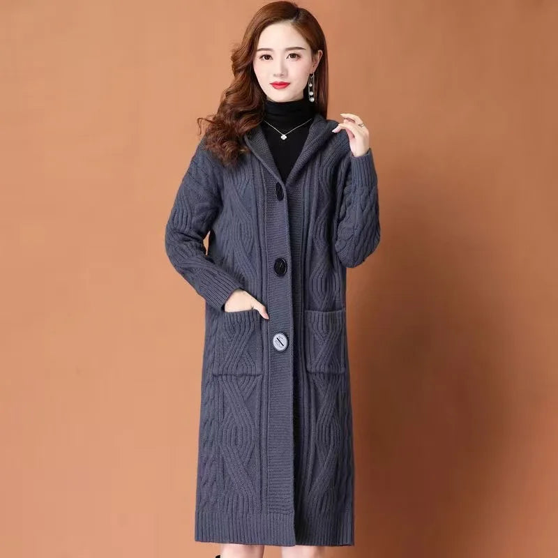 Women’s Hooded Knitted Cardigan Coat – Thick Long Winter Sweater Jacket