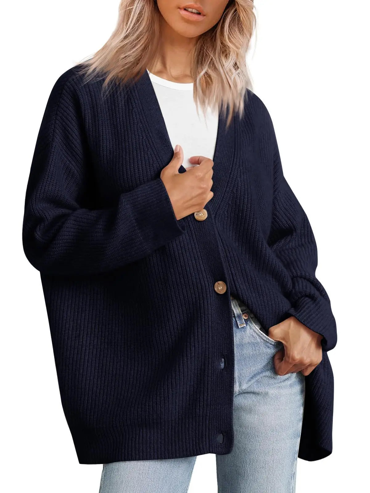 Women's Oversized V-Neck Knit Cardigan – Lightweight Button Front Fall Sweater