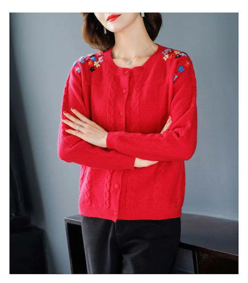 Women's Embroidered Knit Cardigan – Short Loose Spring & Autumn Sweater Jacket