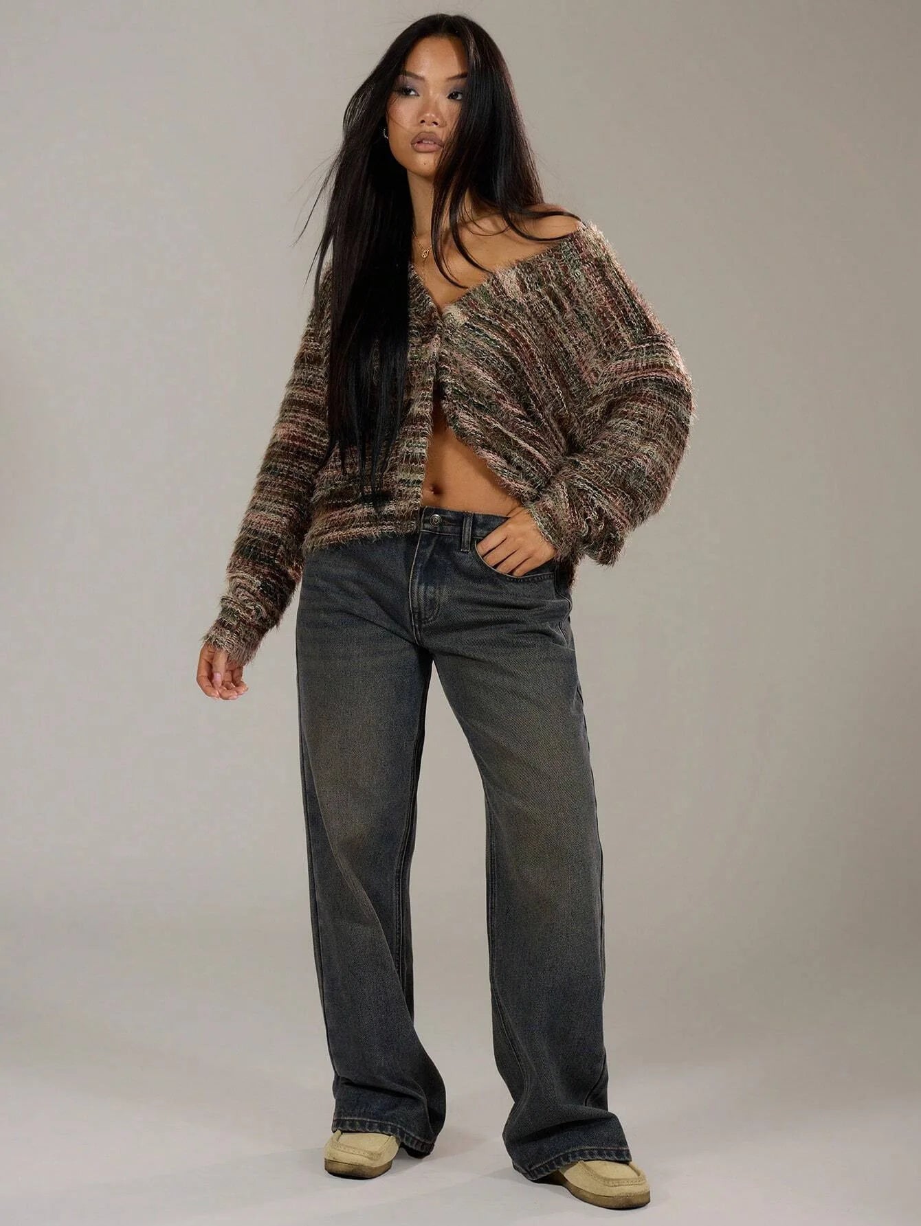 Women’s Rainbow Knit Cardigan – Soft Plush Deep V-Neck Vintage Long Sleeve Sweater