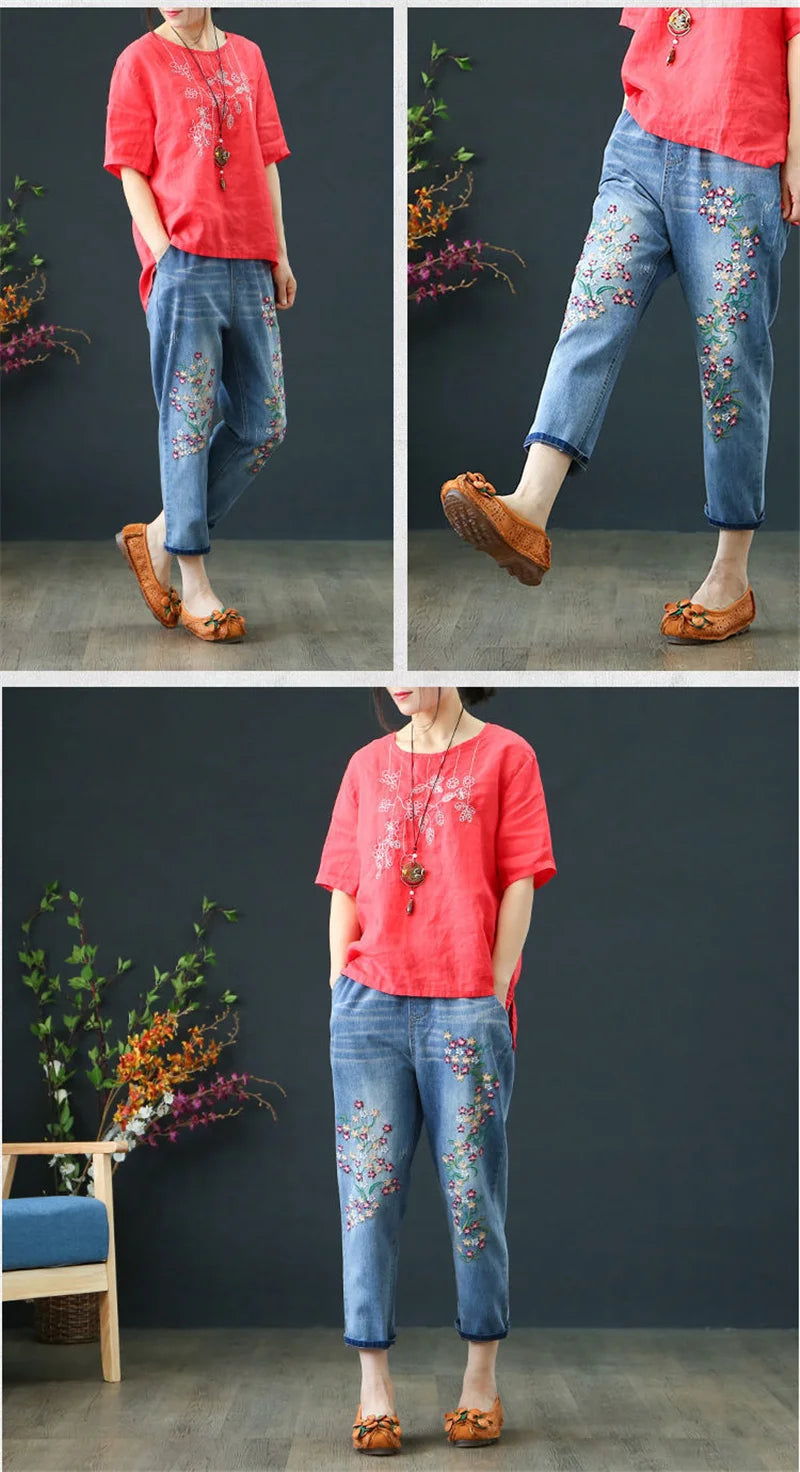 Women’s High Waist Embroidered Harem Jeans – Retro Loose Fit Elastic Waist Denim Pants (Spring/Summer)