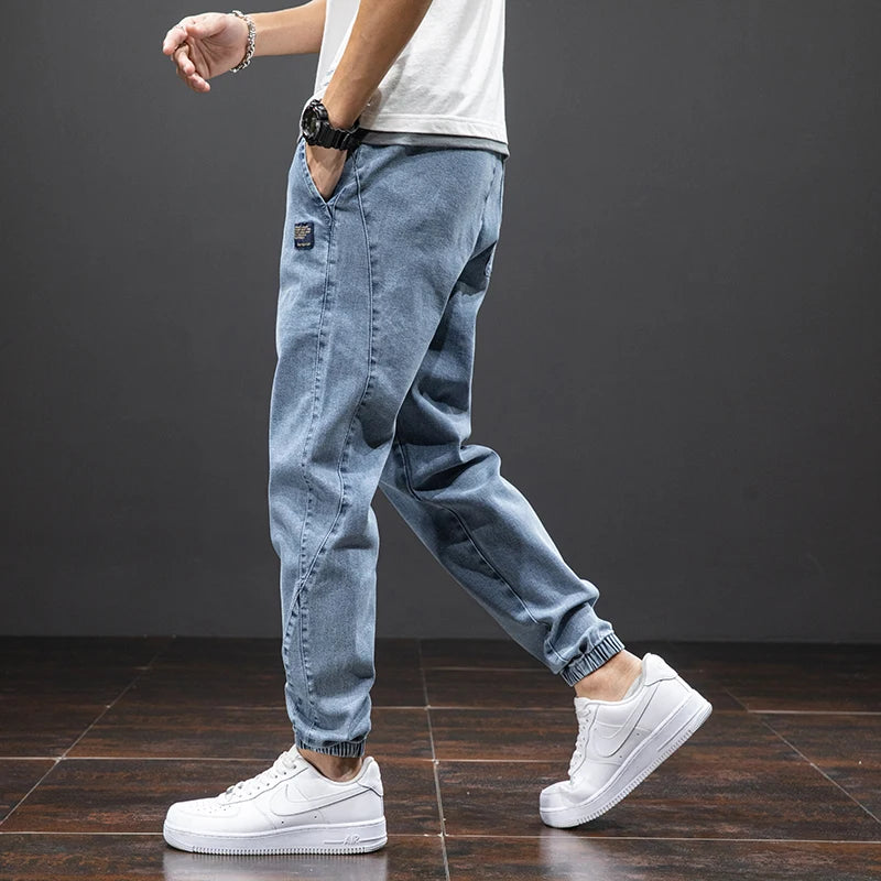 Men’s Cargo Jeans – Baggy Streetwear Denim Jogger Pants (Black/Blue, Plus Size)