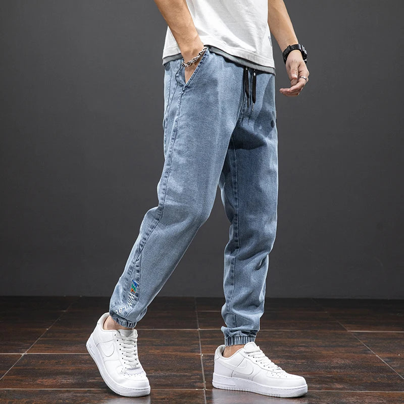 Men’s Cargo Jeans – Baggy Streetwear Denim Jogger Pants (Black/Blue, Plus Size)