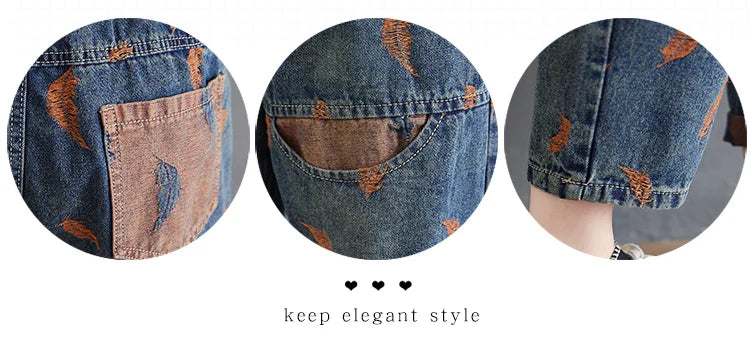 Women’s Feather Embroidered Loose Jeans – Spring Lightweight Denim Pants with Drawstring & Elastic Waist