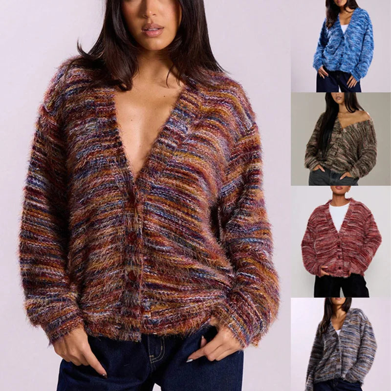 Women’s Rainbow Knit Cardigan – Soft Plush Deep V-Neck Vintage Long Sleeve Sweater