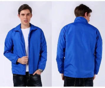 Blue jacket shown from front and back on a white background