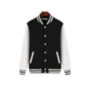 Black and white varsity jacket with a collar on a plain background