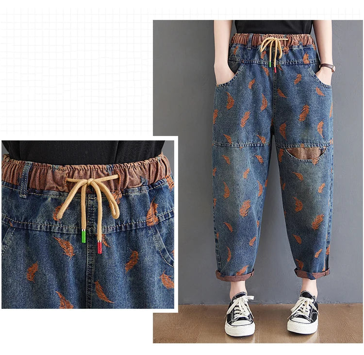 Women’s Feather Embroidered Loose Jeans – Spring Lightweight Denim Pants with Drawstring & Elastic Waist