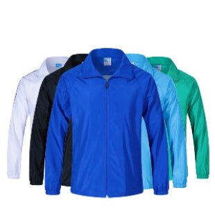 Five jackets in different colors arranged in a row on a white background