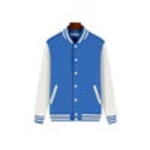 Blue varsity jacket with white sleeves on a hanger against a neutral background