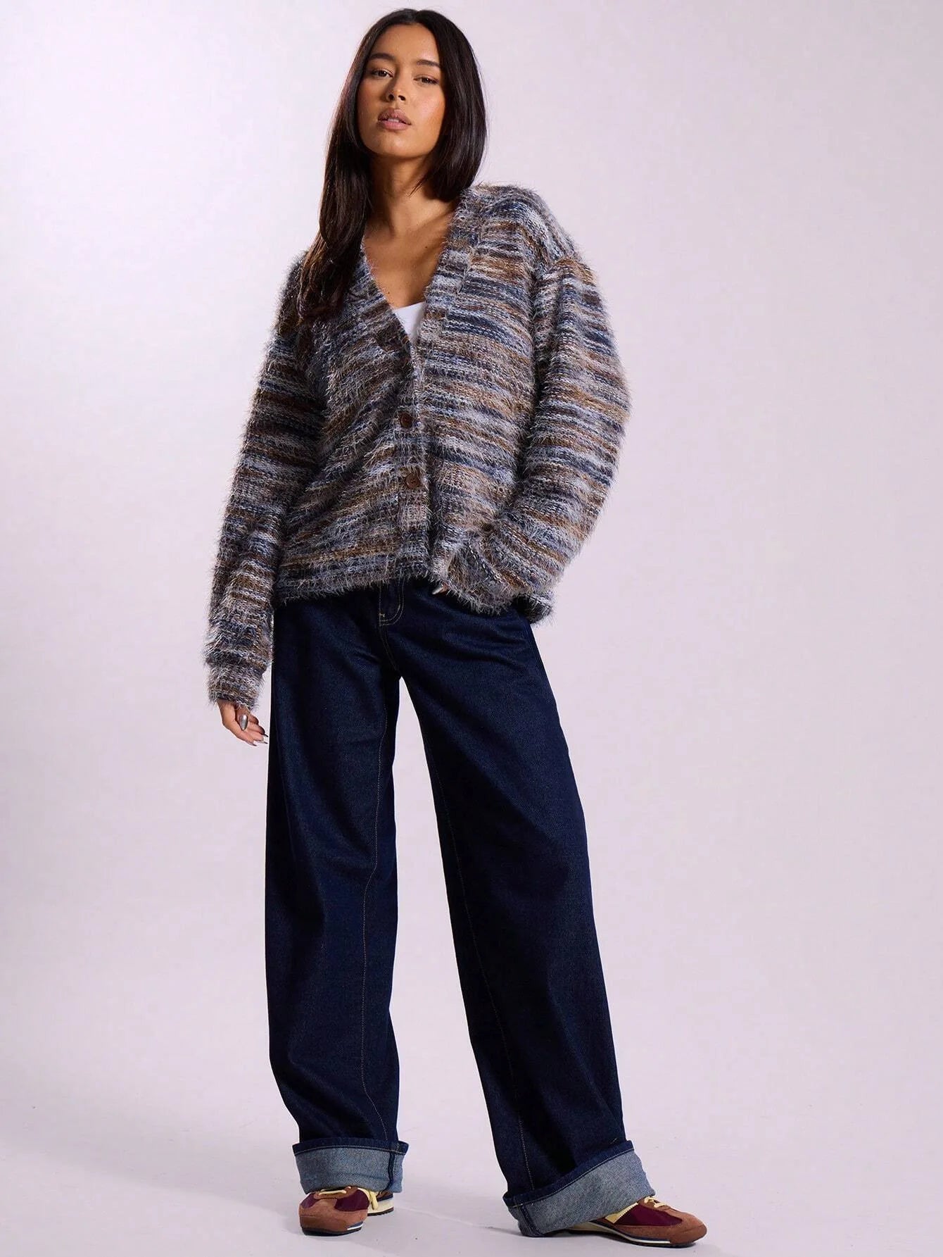 Women’s Rainbow Knit Cardigan – Soft Plush Deep V-Neck Vintage Long Sleeve Sweater