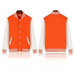 Orange and white varsity jacket shown from front and back on a white background