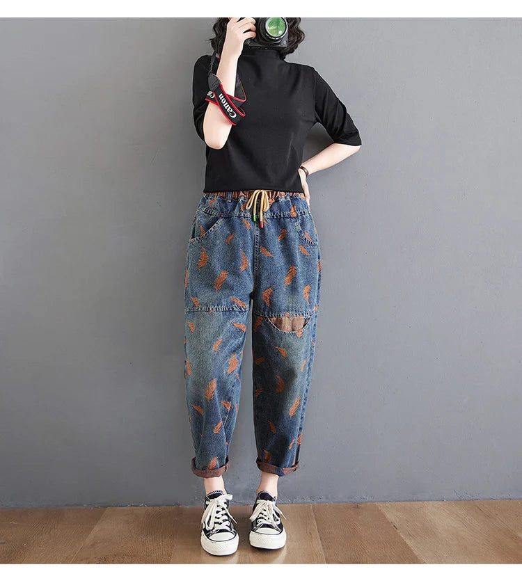 Women’s Feather Embroidered Loose Jeans – Spring Lightweight Denim Pants with Drawstring & Elastic Waist