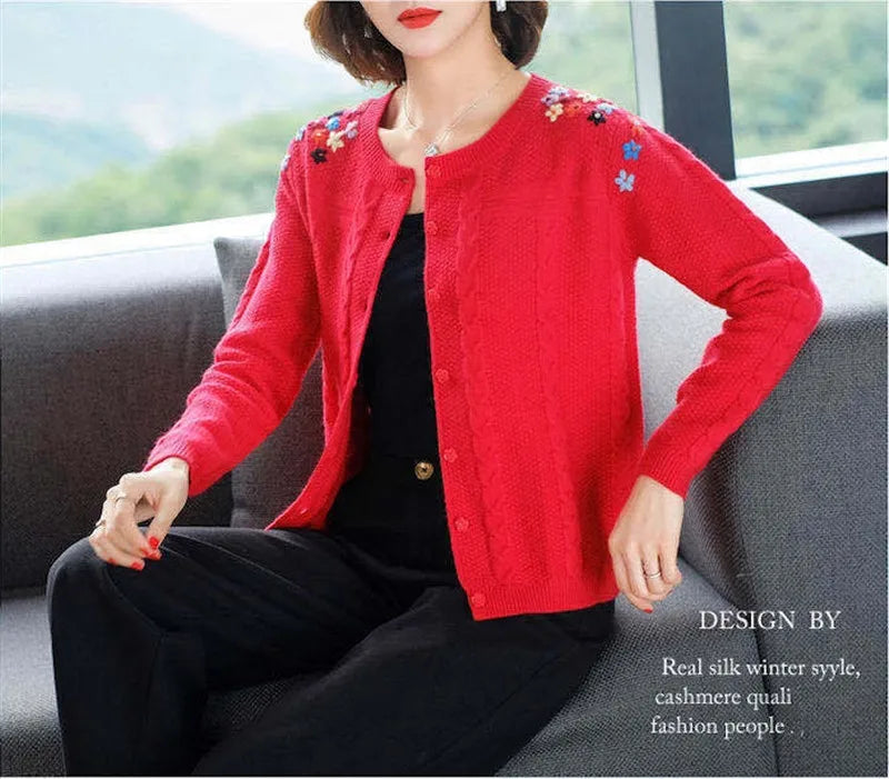 Women's Embroidered Knit Cardigan – Short Loose Spring & Autumn Sweater Jacket