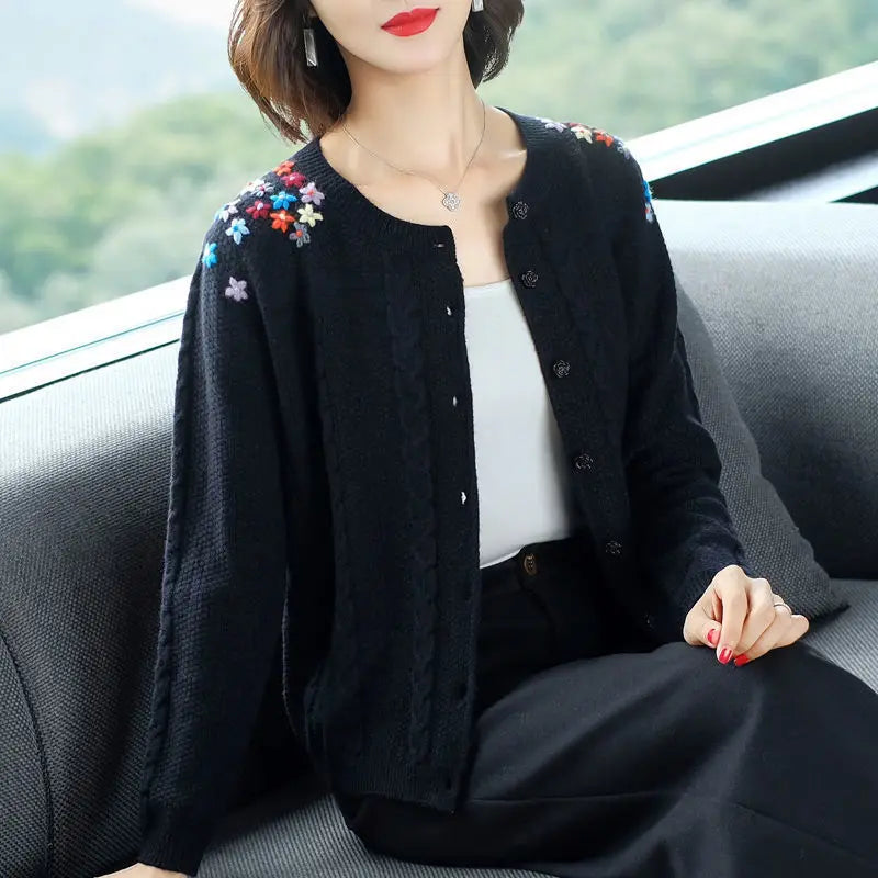 Women's Embroidered Knit Cardigan – Short Loose Spring & Autumn Sweater Jacket