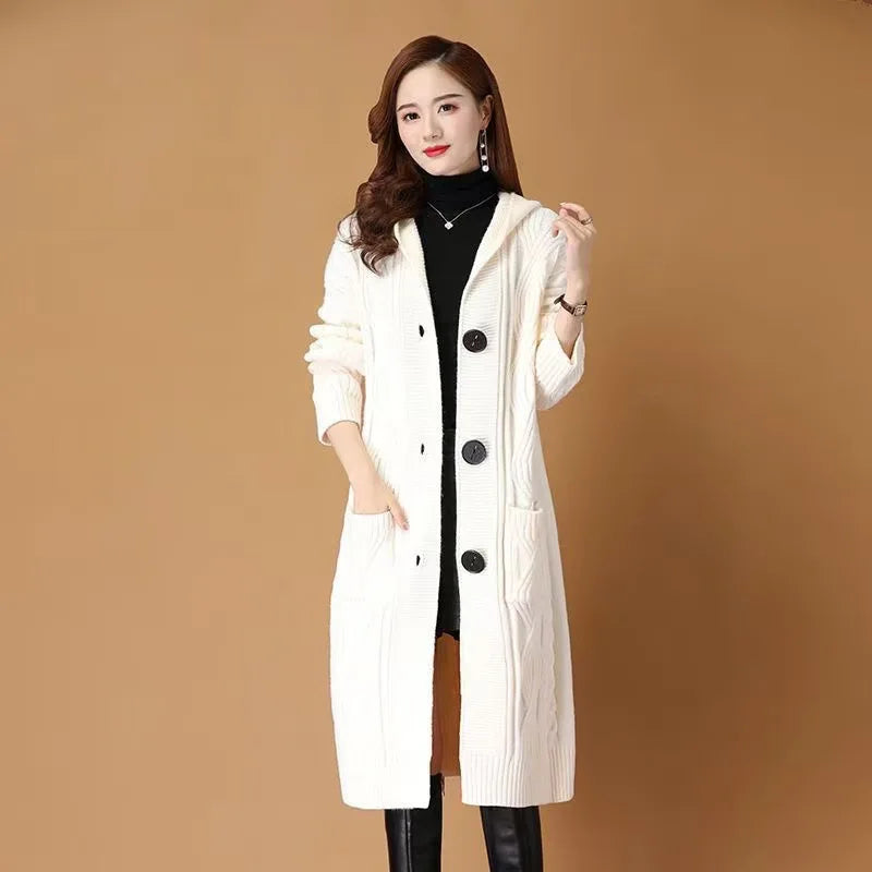 Women’s Hooded Knitted Cardigan Coat – Thick Long Winter Sweater Jacket