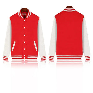 Red and white varsity jacket shown from front and back on a white background