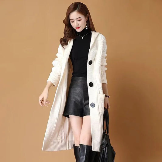 Women’s Hooded Knitted Cardigan Coat – Thick Long Winter Sweater Jacket