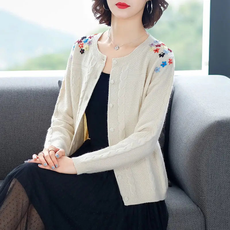 Women's Embroidered Knit Cardigan – Short Loose Spring & Autumn Sweater Jacket